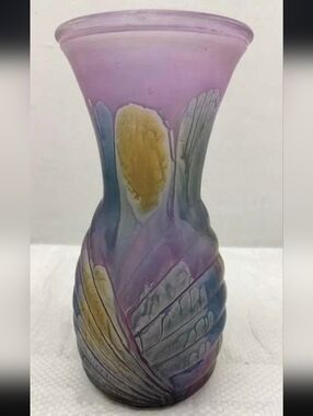 VINTAGE 1980s 8" Decorative Purple Glass Art Vase with Yellow & Blue Accents